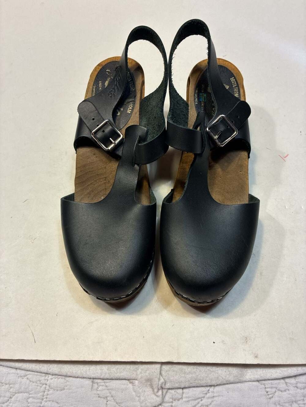 Lotta From Stockholm Black Leather T-Strap Clogs with Slingback Buckle